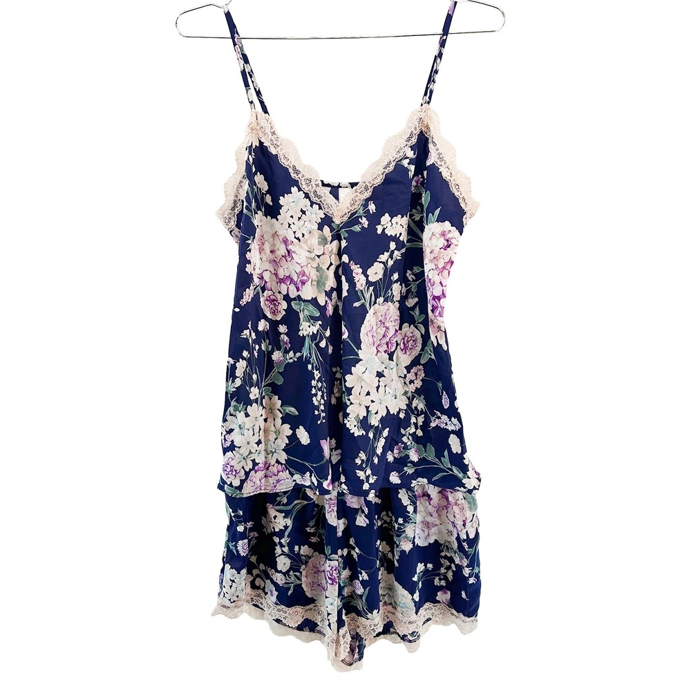 FLORA NIKROOZ Satin & Lace Floral Cami &‎ Shorts Sleep Set • Medium • blue, pink